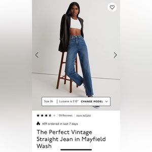 NWT: Madewell Perfect Vintage Straight Jean, Size 27, Mayfield Wash